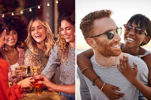 Four friends enjoy drinks at a bar (left). A smiling couple embraces outdoors (right)