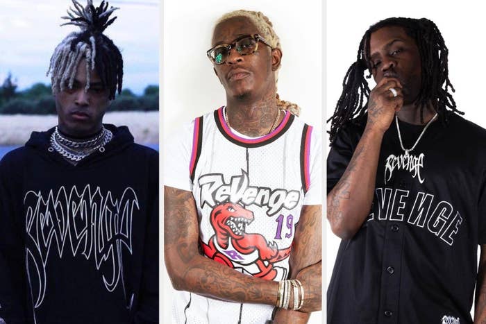 XXXTentacion, Young Thug, and Chief Keef in casual streetwear with &quot;Revenge&quot; branding
