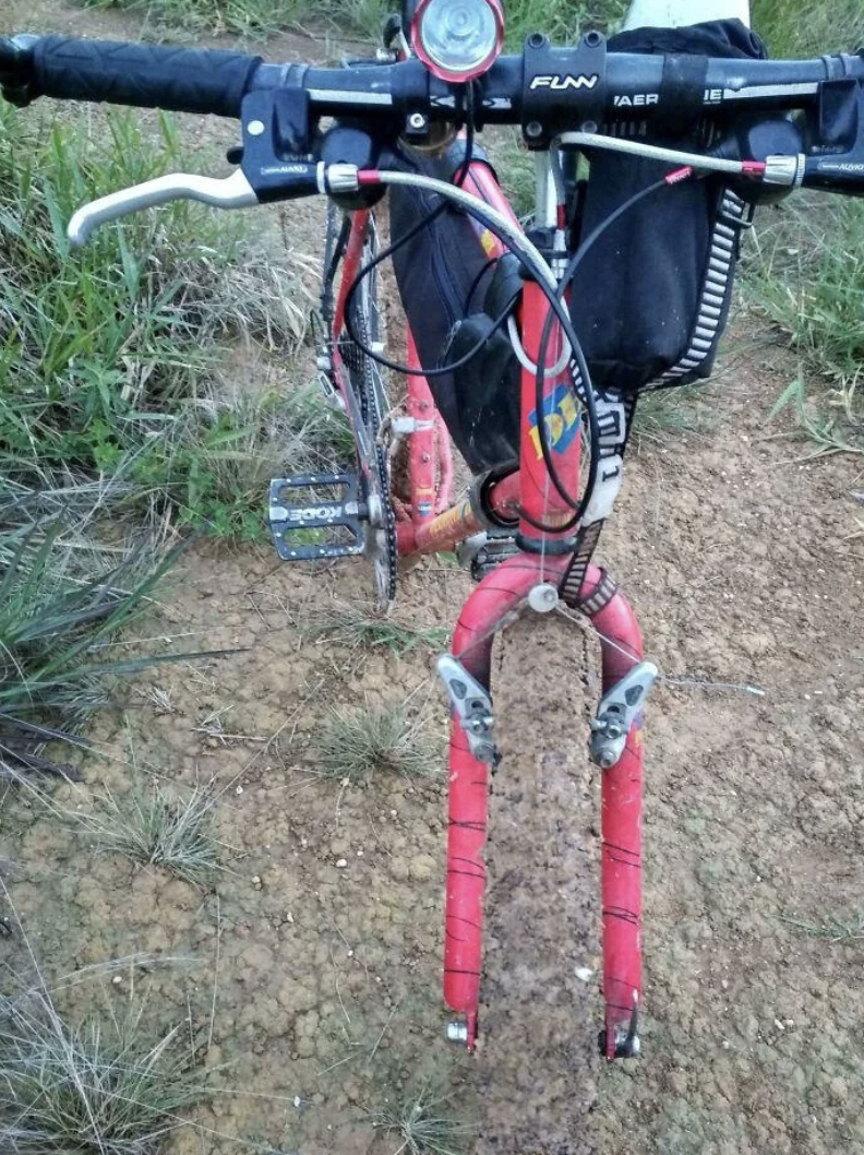 Mountain bike with a missing front wheel, resting on a dirt trail among grass and plants