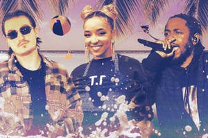 Morgan Wallen, FKA twigs, and Kendrick Lamar standing on a tropical beach, with a palm tree and beach ball in the background