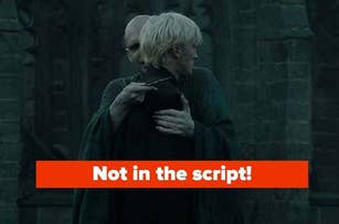 Voldemort holds Draco Malfoy in a scene from Harry Potter with the text "Not in the script!" edited across the image