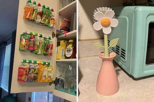 on left: snack pouch holders on cabinet door; on right: daisy-shaped dish scrubber in pink vase on countertop