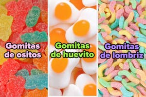 Tres tipos de gomitas en la imagen: gomitas de ositos, gomitas de huevito y gomitas de lombriz, todas en coloridos decorativos
