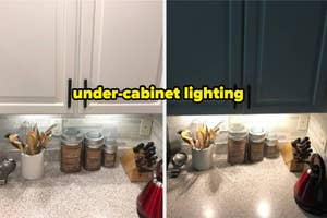 Left: dark room with under-cabinet lighting. Right: same room with under-cabinet lighting with the lights on