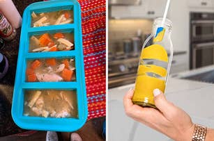 Left: frozen chicken noodle soup cubes in a container. Right: model using Spatty Daddy to scoop the product out of a jar