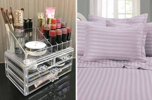 Makeup organizer with several cosmetic products on the left and neatly arranged striped bedsheets with pillows on a bed on the right