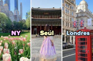 Imagen dividida en tres secciones verticales mostrando tulipanes en Nueva York, una mujer en traje tradicional frente a un palacio en Seúl, y una cabina telefónica roja en Londres