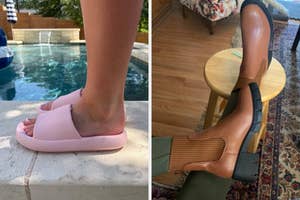 Left: reviewer in pink slide sandals. Right: reviewer in brown heeled boots