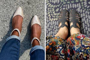 Two close-up photos of shoes: On the left, sparkly pointed-toe flats with ankle straps, and on the right, black caged sandals paired with patterned pants