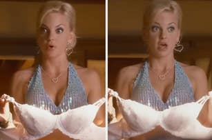 Anna Faris holds up a bra in two side-by-side images, looking surprised with wide eyes and open mouth. She wears a sparkly top and heart-shaped earrings