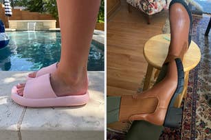 Left: reviewer in pink slide sandals. Right: reviewer in brown heeled boots