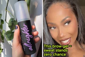 A bottle of Urban Decay All Nighter setting spray and a close-up of a woman smiling, with text reading "This brow pencil = sweat stands zero chance"