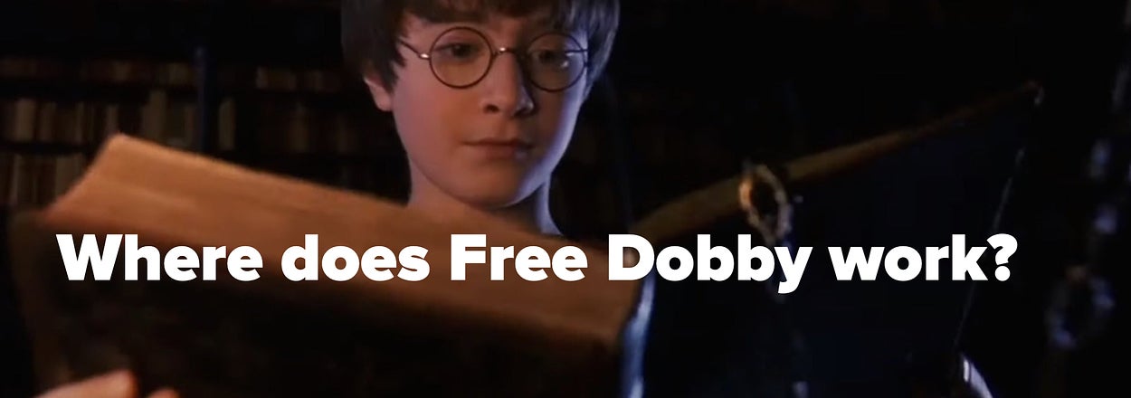 Harry Potter reading a book, text on image: "Where does Free Dobby work?"