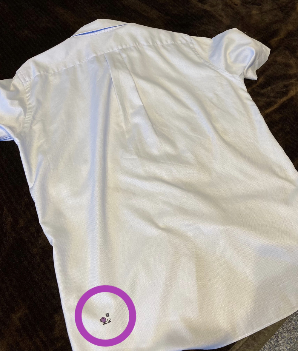 白いシャツの背中に、下部に小さな刺繍模様がある。