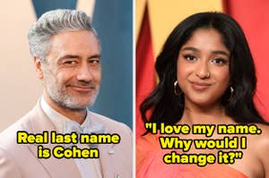 Taika Waititi and Maitreyi Ramakrishnan are featured. Taika's caption notes his real last name is Cohen. Maitreyi's caption expresses her love for her name