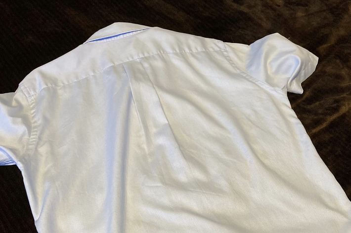 白いシャツの背中に、下部に小さな刺繍模様がある。