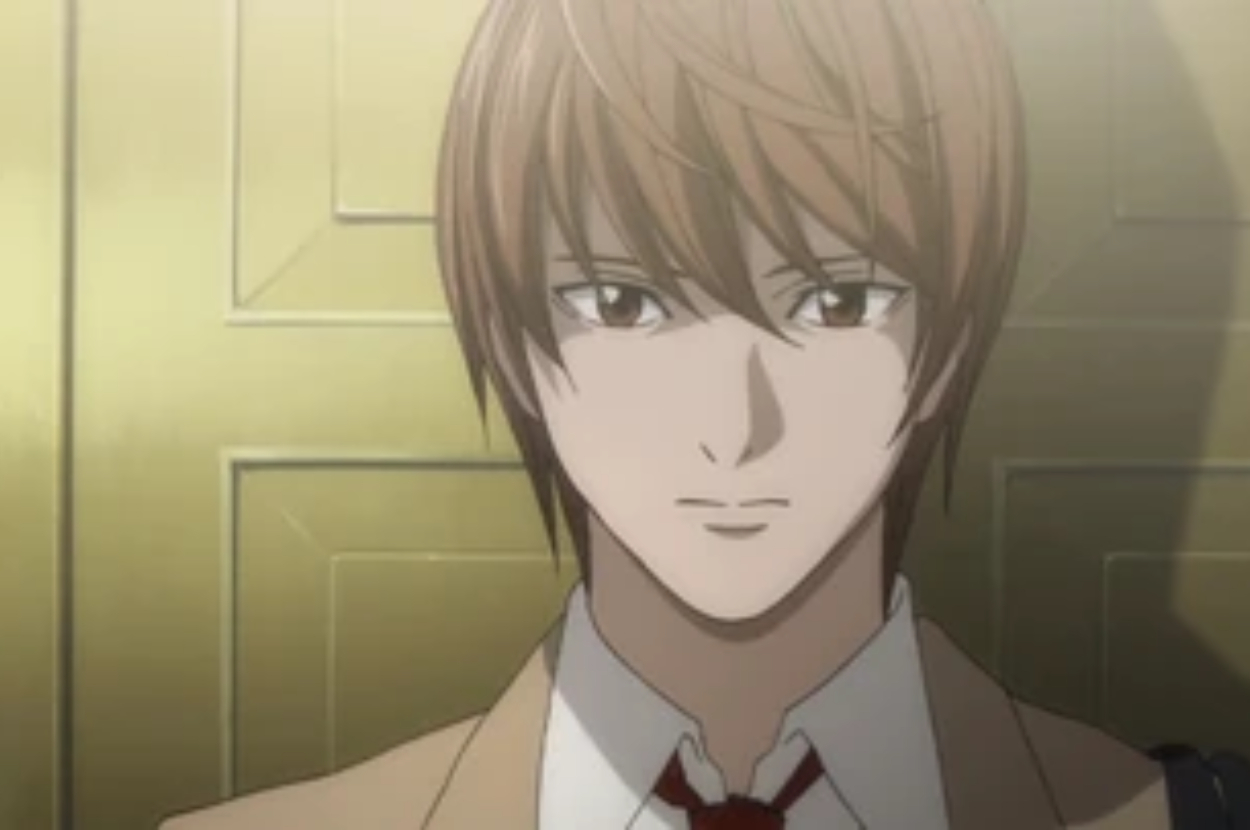 Light Yagami from Death Note, wearing a school uniform with a tie, stands in front of a door