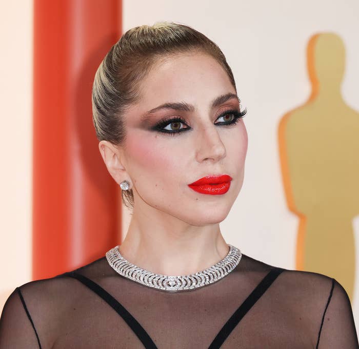 Lady Gaga on a red carpet with her hair in a sleek bun, wearing dramatic makeup and a sheer black top with a diamond necklace