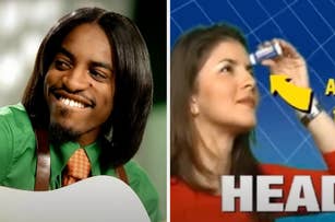 André 3000 smiles while playing guitar. Right: A woman in a commercial applies Carmex lip balm to her head