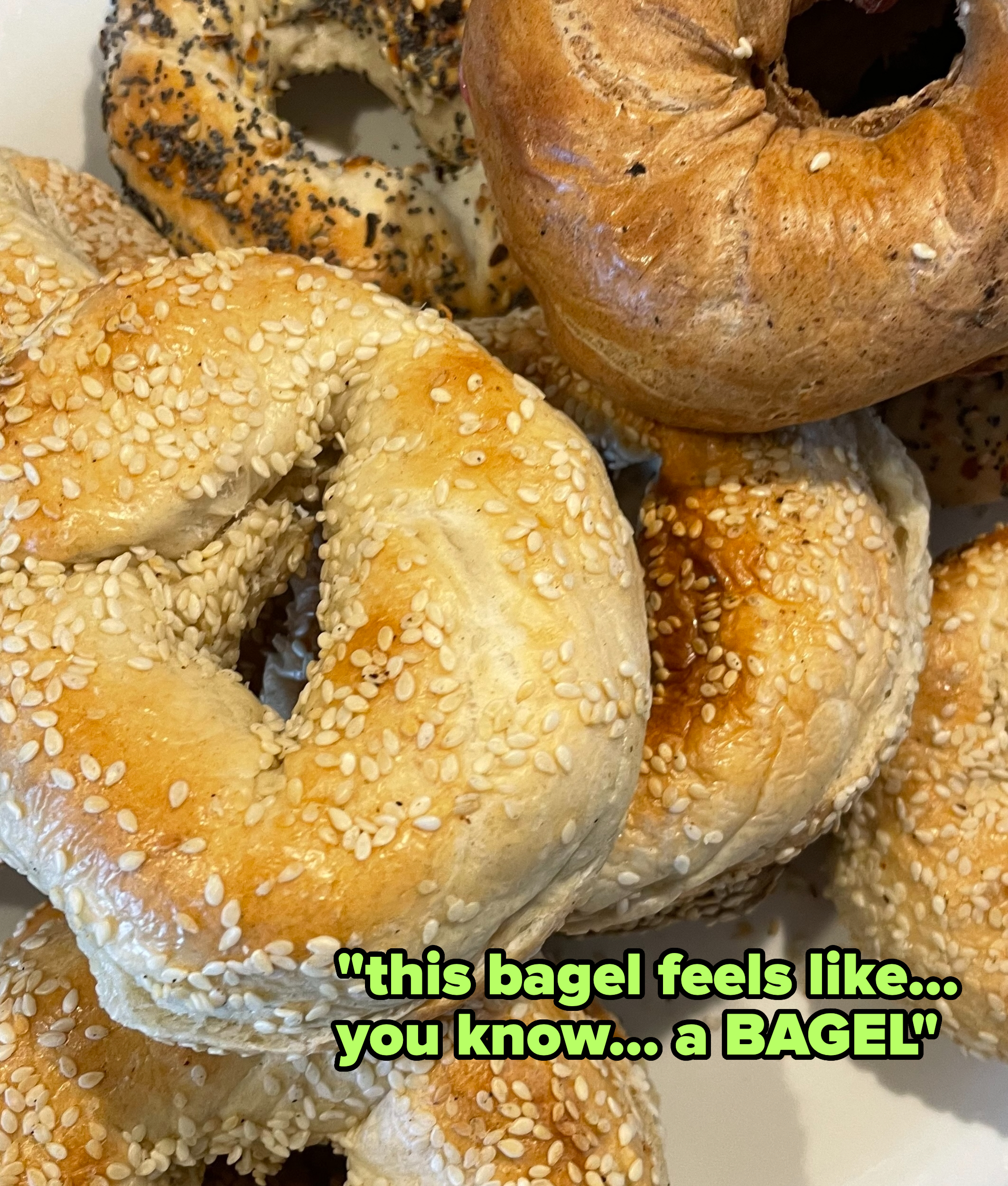 Close-up view of several bagels with various toppings including sesame seeds and poppy seeds