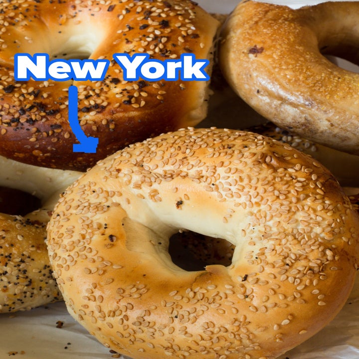 Close-up of various bagels with different toppings