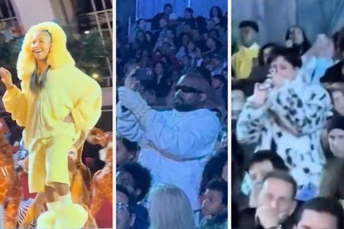 Beyoncé in a fluffy lion costume performing on stage, Kanye West in white clothes taking photos, a fan wearing a dalmatian-themed costume at the concert