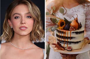 Sydney Sweeney on the left, wearing a strapless dress. The right image shows a rustic-style cake with fruits, flowers, and leaves held by a person in a lace dress