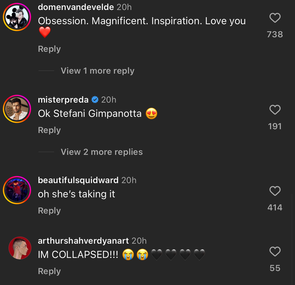 Comments on social media include, "Obsession. Magnificent. Inspiration. Love you"