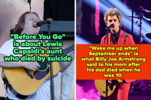 Left: Lewis Capaldi, right: Billy Joe Armstrong performing; text highlights personal song meanings related to suicide and a father’s death