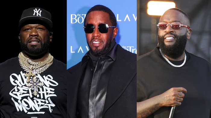 50 Cent, Sean &quot;Diddy&quot; Combs, and Rick Ross feature in this image. 50 Cent and Rick Ross wear casual chains, while Diddy wears a suit jacket and sunglasses