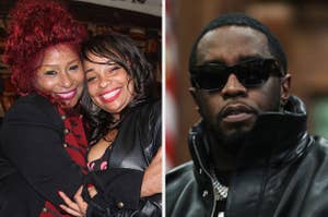 Chaka Khan and Tanya L. James embrace, smiling, on the left. Sean "Diddy" Combs wears black sunglasses and a dark jacket on the right