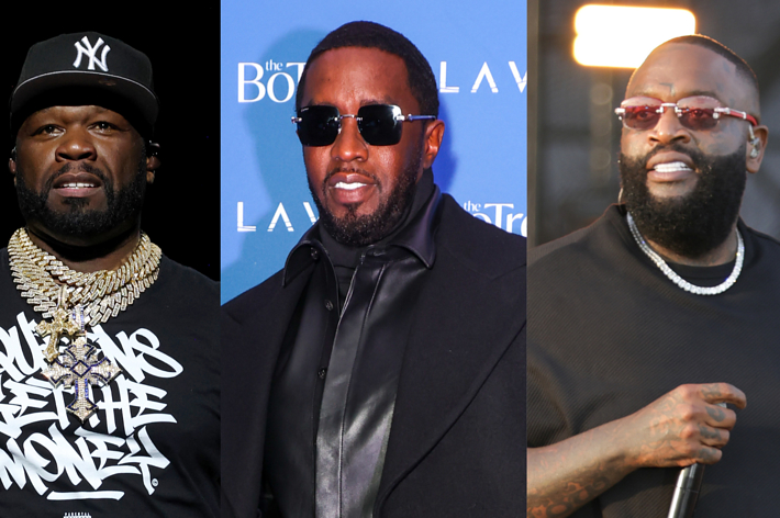 50 Cent, P. Diddy, and Rick Ross are depicted side by side. 50 Cent wears a cap and graphic shirt with gold chains, P. Diddy wears a suit with sunglasses, and Rick Ross wears a necklace and sunglasses