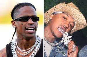 Travis Scott wearing sunglasses and a chain necklace; Tyga wearing a cowboy hat, holding a large chain in his mouth
