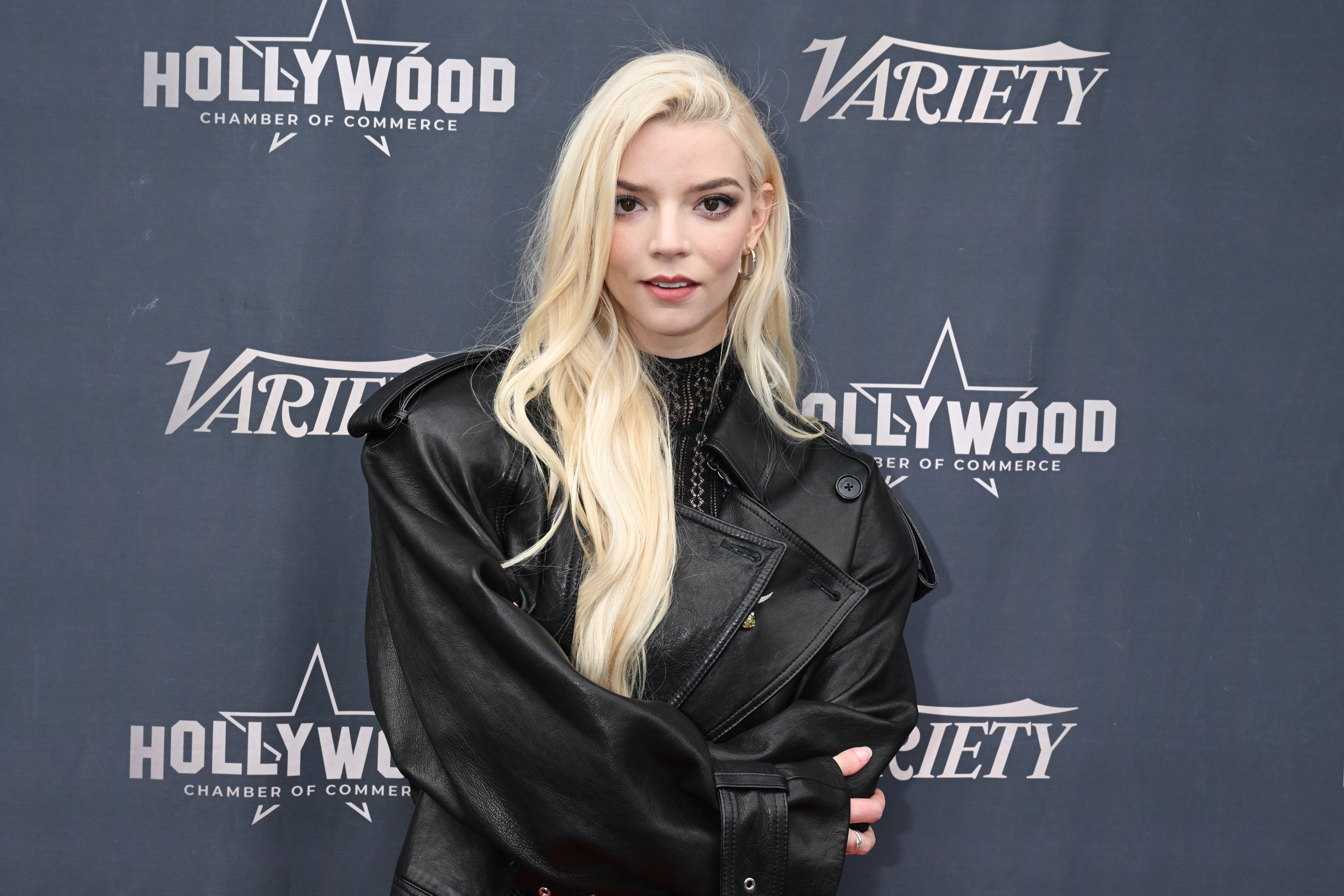 Anya Taylor-Joy in a leather jacket at a Hollywood Chamber of Commerce and Variety event