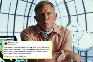 Daniel Craig, dressed in a formal shirt and tie, poses indoors. A tweet from Rian Johnson praises the malleability of the whodunit genre and mentions Benoit Blanc movies