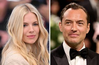 Sienna Miller and Jude Law are pictured side by side. Sienna has long flowing hair and is wearing a textured top. Jude is in a tuxedo with a bow tie