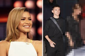 Zendaya smiles while seated during an interview vs Tom Holland and Zendaya holding hands after the Romeo and Juliet premiere