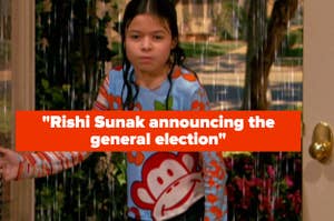 Captioned image from a TV show with character wearing a monkey print shirt, text reads "Rishi Sunak announcing the general election"
