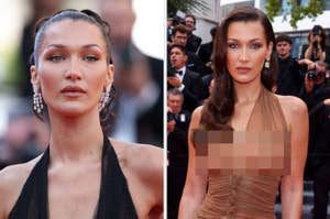 Bella Hadid on the red carpet, styled with slicked-back hair and wearing elegant earrings. In the second image, she is wearing a brown gown with pixelated sections