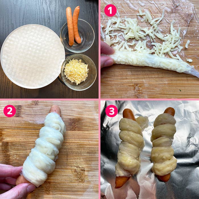 丸い白いお皿にライスペーパーとウインナーが並べてある。