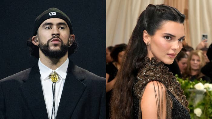 Bad Bunny and Kendall Jenner are pictured side by side. Bad Bunny wears a black suit and cap, while Kendall Jenner is in an elegant black dress with intricate details