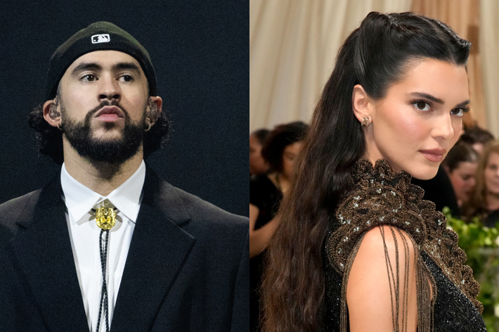 Bad Bunny and Kendall Jenner at an event; Bad Bunny wears a blazer and baseball cap, Kendall wears an ornate, sleeveless gown