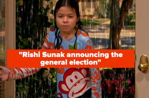 Captioned image from a TV show with character wearing a monkey print shirt, text reads "Rishi Sunak announcing the general election"
