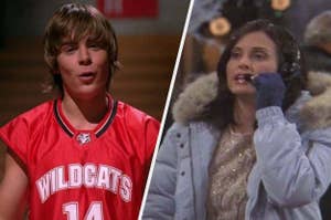 Zac Efron in a Wildcats basketball jersey and Courteney Cox in winter clothing, likely from their respective roles in "High School Musical" and "Friends"