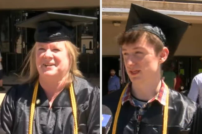 卒業式の帽子とガウンを着た2人の人物。左は女性、右は男性。