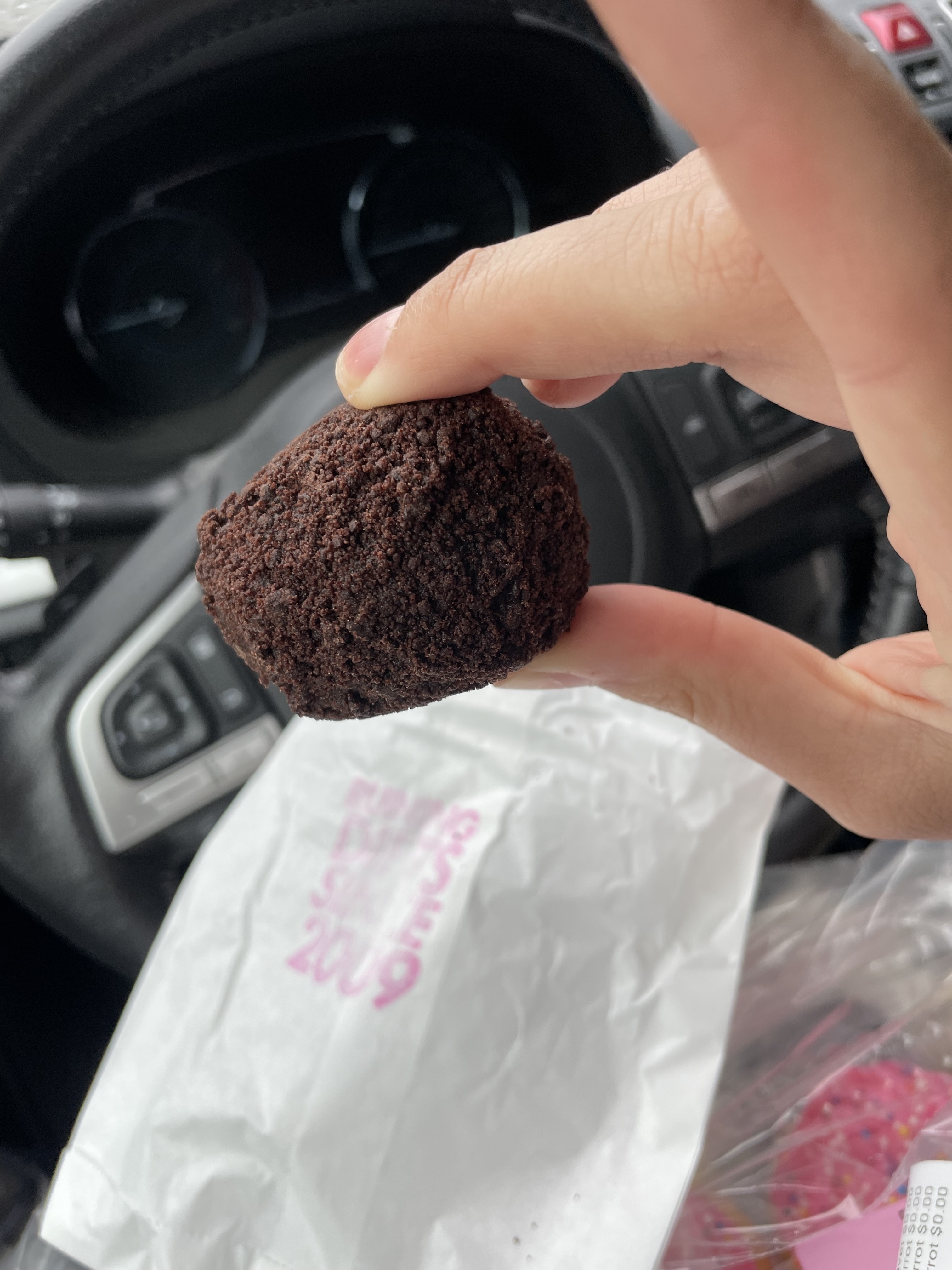 A hand holds a chocolate-covered cake bite inside a car