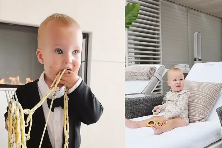 Two images: Left, a child in a tuxedo eating spaghetti. Right, a child in a patterned outfit sitting on a lounge chair