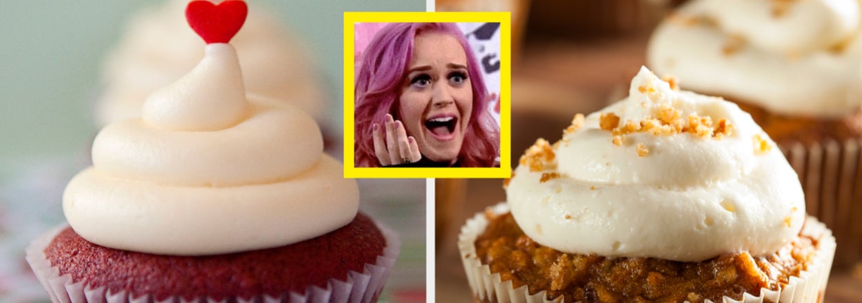 Red velvet cupcake with heart topper next to carrot cake cupcake. Central image of a surprised woman with pink hair boxed in yellow. Text: "Red Velvet?" and "Carrot Cake?"