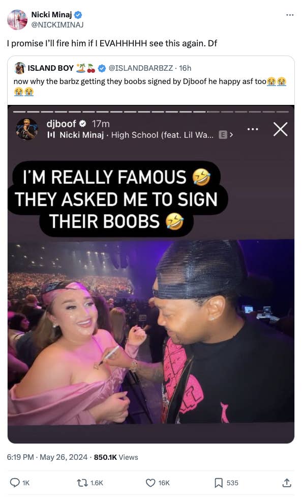 Nicki Minaj tweets about her frustration with DjBoof posting an event where fans asked him to sign their chests. The tweet shows both Nicki and DjBoof interacting at an event
