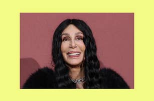 Cher smiling on a red carpet, wearing long black wavy hair, a fur jacket, and a diamond necklace